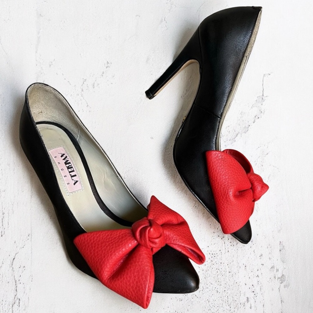 Anabella Shoes Reason Pumps Black Red Bow Leather High Heels EU 38  US 6.5 Spain